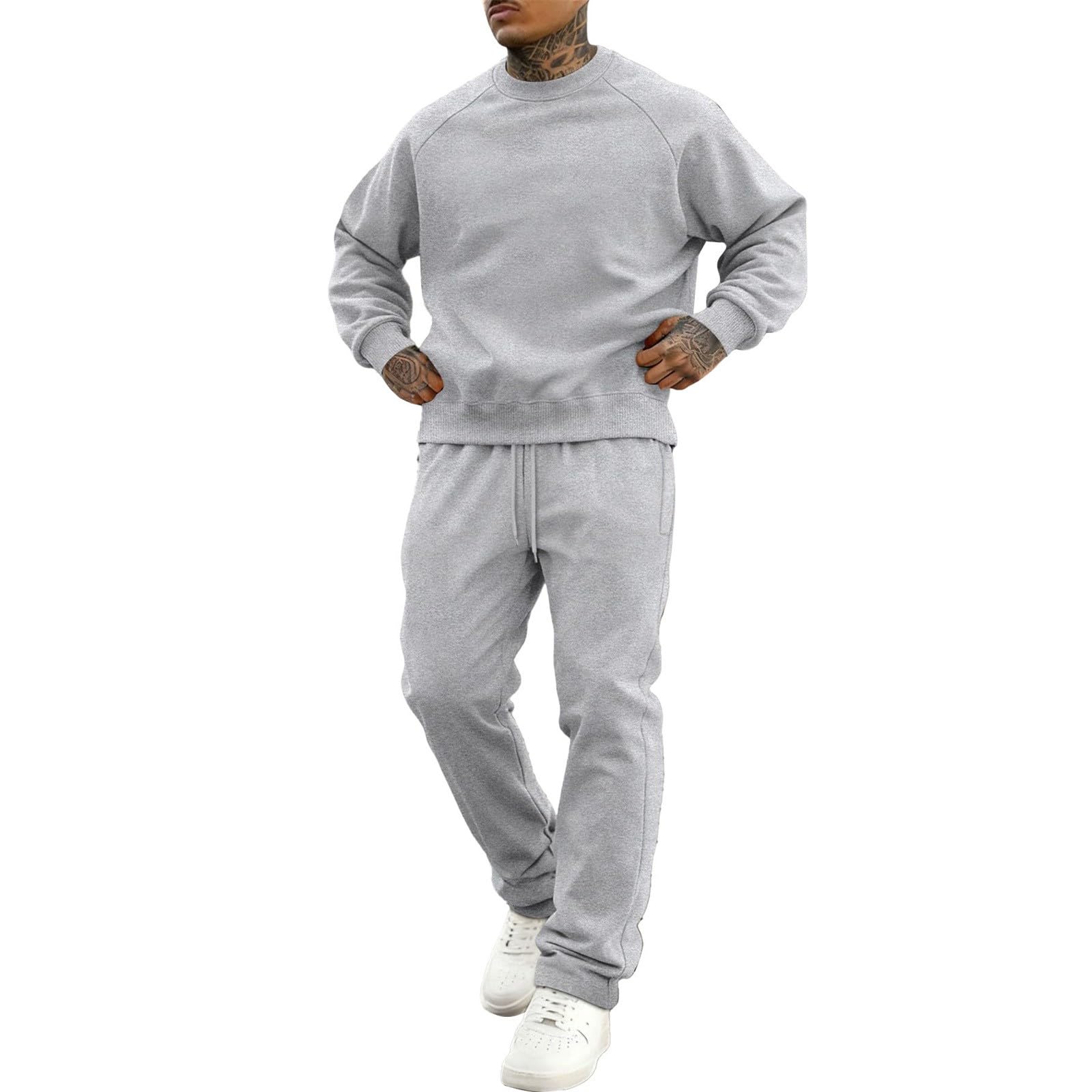 Tuta da allenamento da uomo, girocollo, da jogging, 2 pezzi, per la palestra, per il tempo libero, in tinta unita, traspirante e pantaloni sportivi
