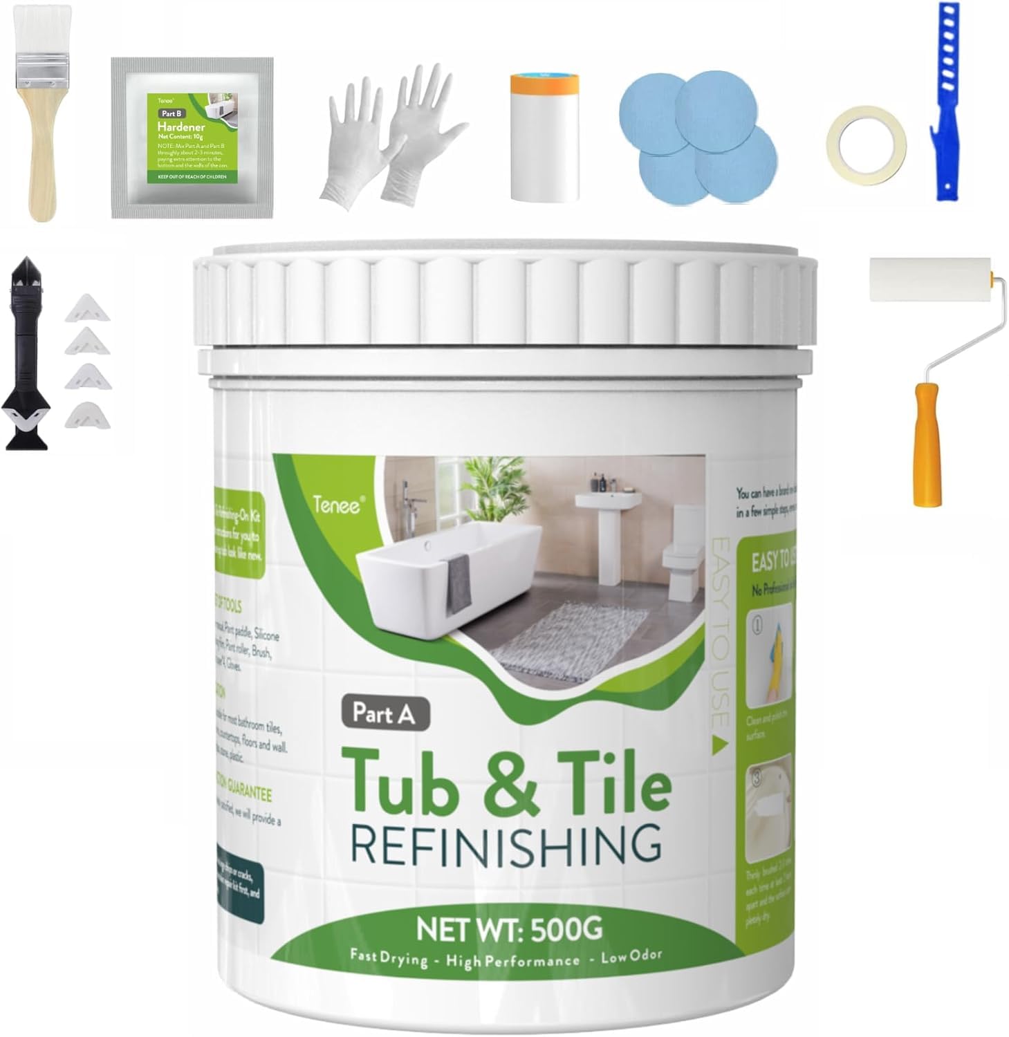 17 oz White Tub and Tile Paint with Full Tools, Semi-Gloss Tub and Tile Paint for Bathroom, Easily Covers 25-30sq.ft, Low Odor Bathtub Refinishing Kit for Kitchen, Sink, Shower, Fiberglass