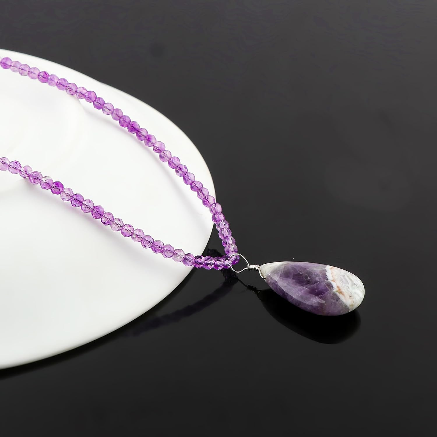 CRYSTALIS Natural Amethyst Detachable Pendant Necklace, Micro Beads Choker with Pear Cabochon Crystals, Chakra Healing Gemstone, Women Jewelry, Sterling Silver 18 inch, Fairy, Hippie, Ethnic - Image 2