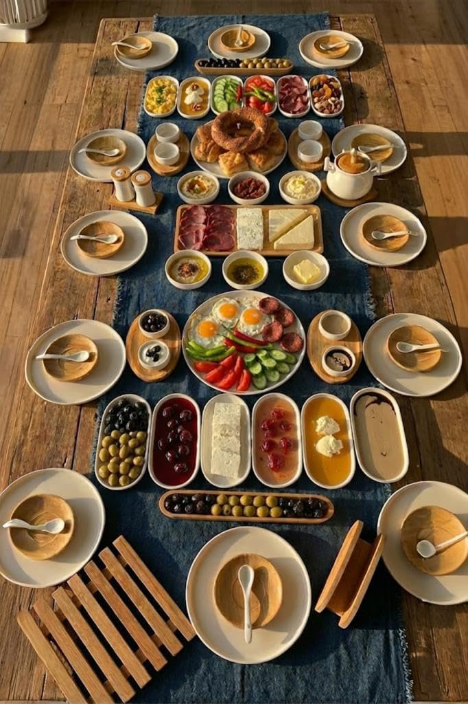 Atbyhome Duru Aris 12 Kişilik 82 Parça Doğal Bambu Porselen Kahvaltı Takımı Kahvaltı Seti Sunum Seti