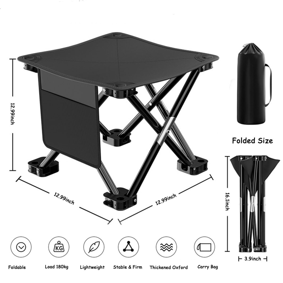 Folding Camping Chair Outdoor Backpacking Stool Portable Collapsible Stool Seat Footrest with Carry Bag for Fishing Hiking Picnic Camping Travel Beach Fishing Lawn Concert (Black) - 4
