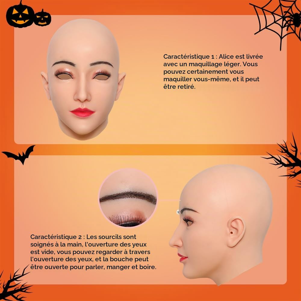 Minaky Masque Féminin en Silicone Masque de Tête d'Alice Réaliste et Doux pour Travesti Transgenre Drag Queen MTF Crossdresser Cosplay Halloween Fête(Blanc)