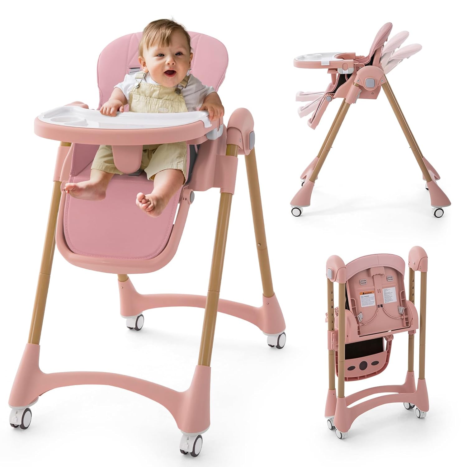 Jaoul Portable High Chairs for Babies and Toddlers, 3-in-1 Foldable High Chair, Adjustable Height & Recline Baby Feeding Chair with Removable Tray, Adjustable Backrest, Pedal & Lockable Wheels beige