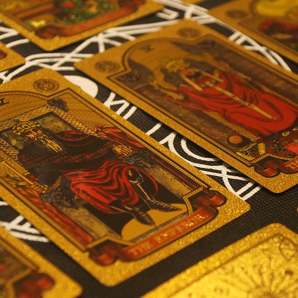 Générique Jeu de Tarot en Feuille d'or, ce Jeu est Un favori pour Les Joueurs débutants et expérimentés (édition Collector) Gold Foil Tarot Deck,Red Cloth,13.6cm*8.5cm