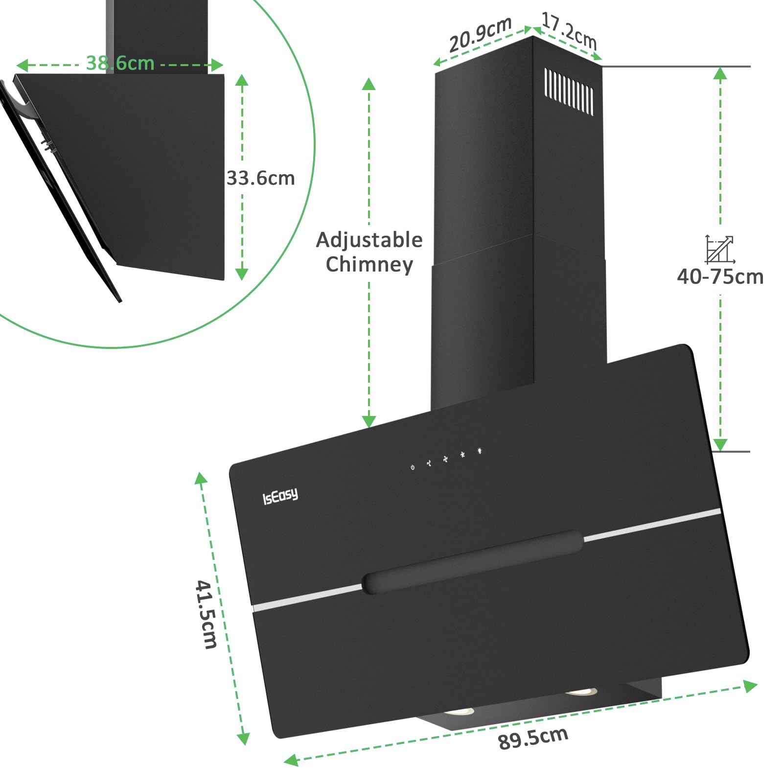Hotte Aspirante 90cm, IsEasy Hotte Aspirante Inclinée Noir, 578 m³/h Classe A++, 3 Niveaux de Vitesse, Éclairage LED, Hotte Murale Évacuation ou Recyclage, Filtre à Charbon Inclus