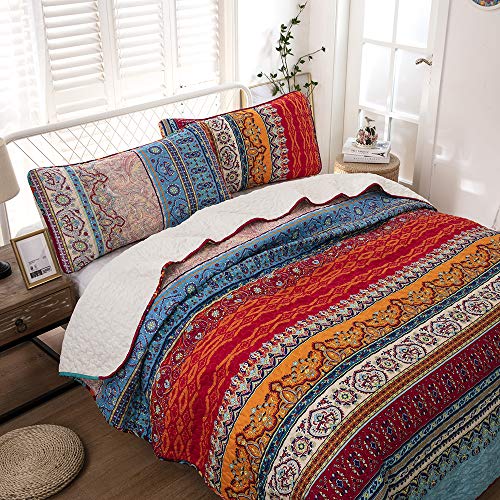 Bohemian Quilt Set King, Boho Striped Pattern Printed Bedding Quilt Coverlet Set, Lightweight Microfiber Bedspread Set for All Seasons (3 Pieces, Colorful) - Thumbnail 7