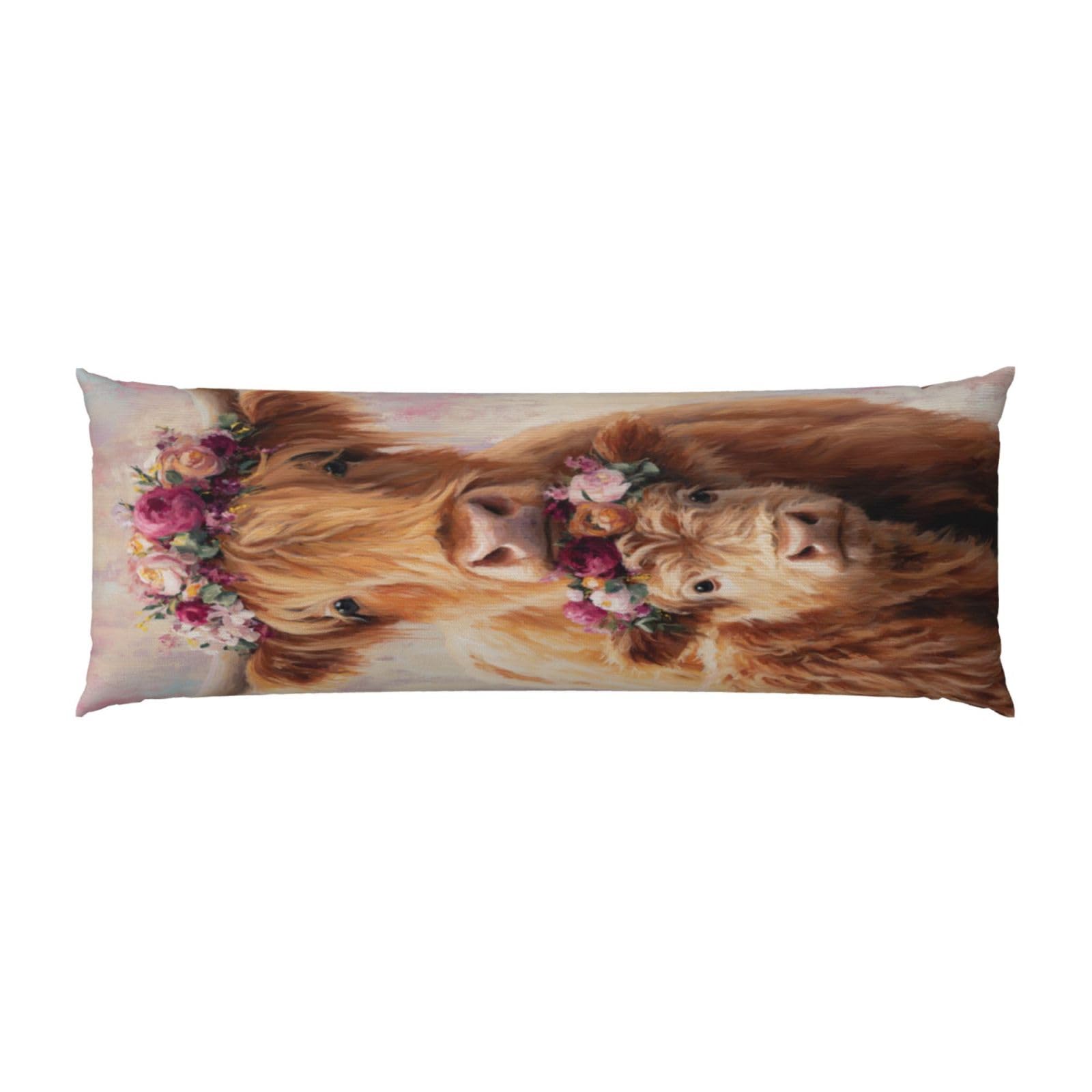 Two Cute Highland Cow With Floral Crowns Body Pillow Cover With Zipper Closure, Cozy Fuzzy Long Fleece Pillowcase Cover 20 X 54 Inches