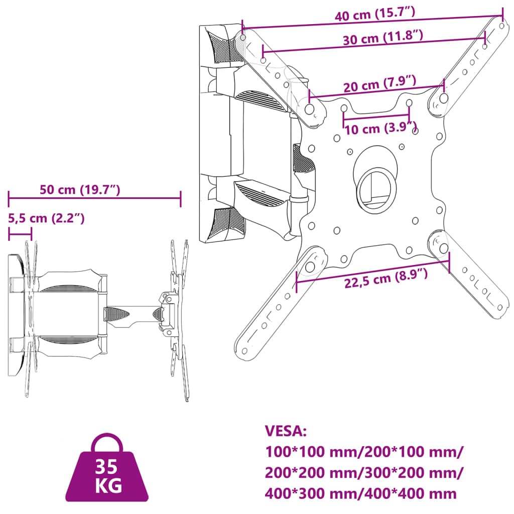 Uchwyt ścienny do telewizora ze stali malowanej proszkowo do telewizorów i monitorów o przekątnej 32-55", maks. VESA 400 x 400 mm, nośność 35 kg, pochylany, obrotowy, wysuwany