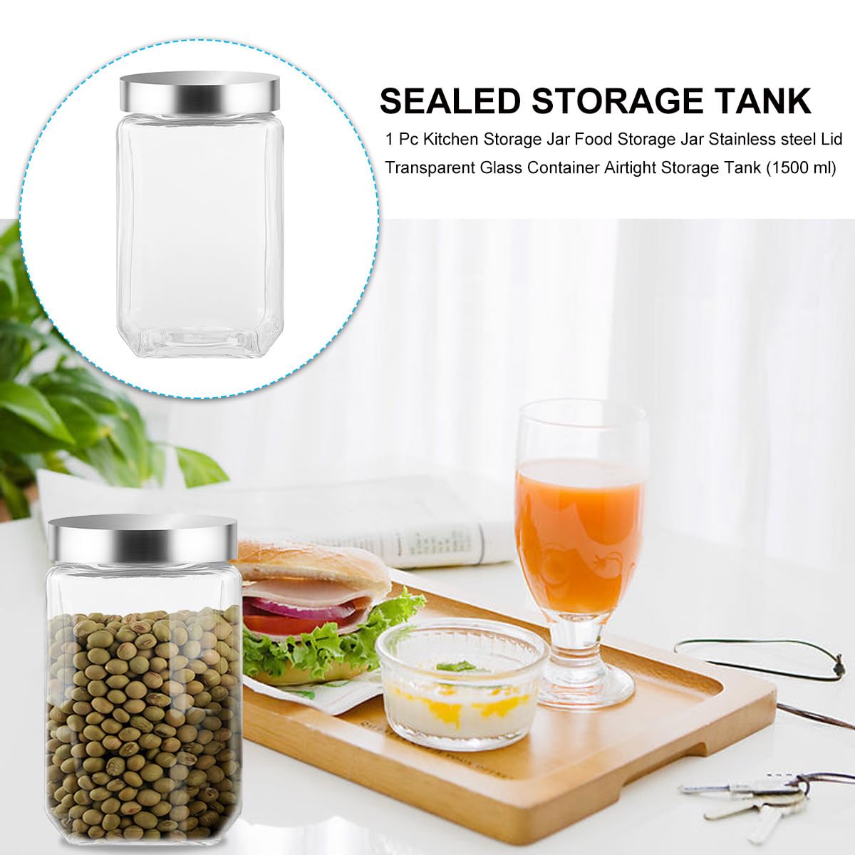 Barattolo Ermetico Facile da Pulire Coperchio in Acciaio Inox in Vetro Trasparente da 1500ml e Riciclabile per Conservazione Alimenti Quotidiana in Cucina