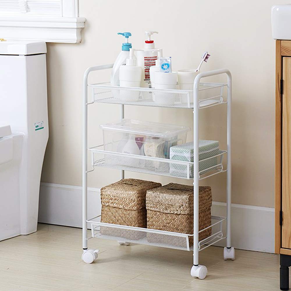 Carrello portaoggetti, con Ruote in Rete Carrello Portaoggetti Mobile in Metallo Multiuso con Due Ruote Bloccabili e Quattro Ganci, per Cucina, Bagno, Soggiorno, Studia, Camera da Letto (Bianca)
