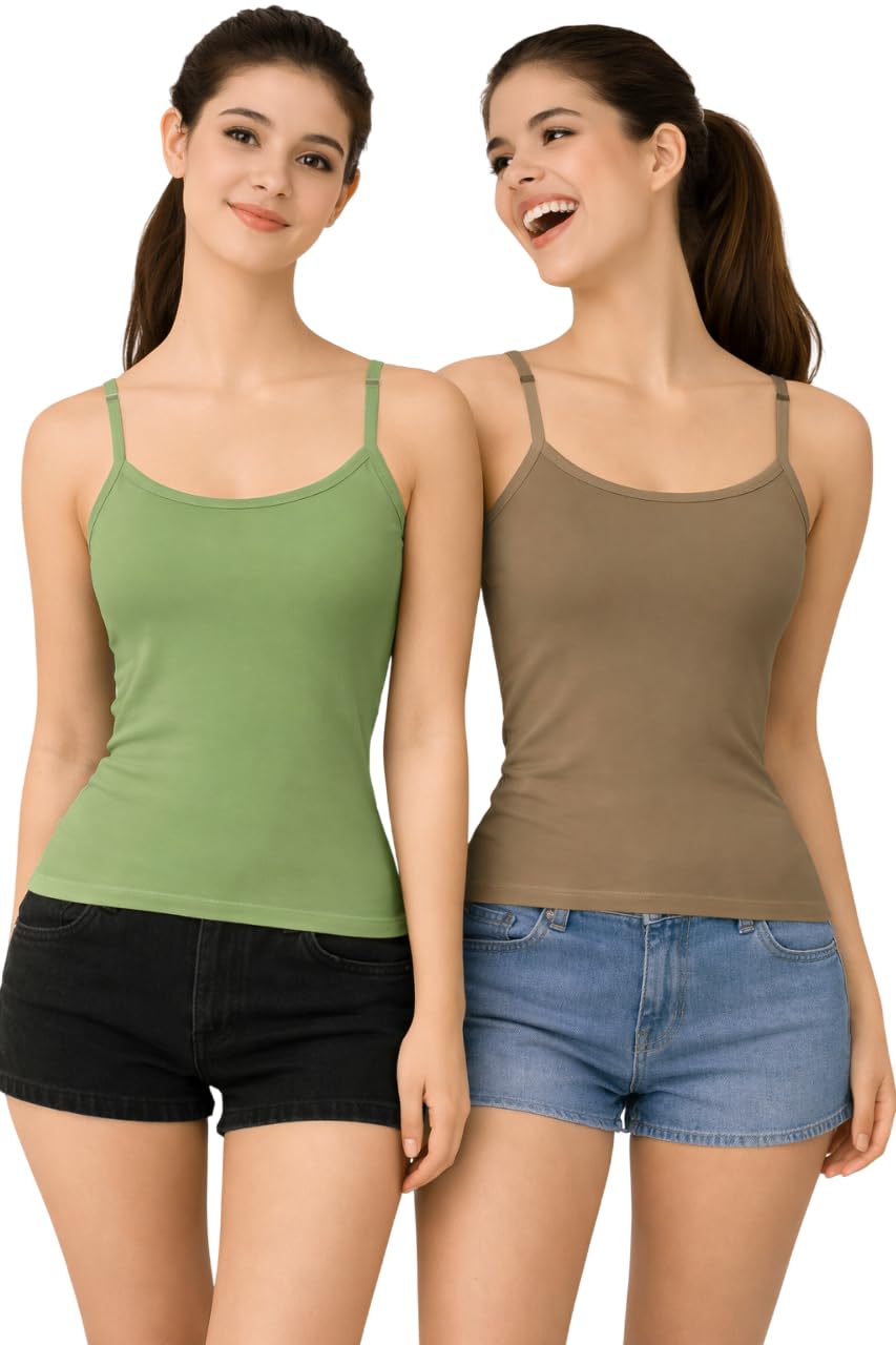 Women Cotton Spaghetti Strap Camisole Pack of 2 | Soft Stretch Fabric Innerwear Tank Top | Lightweight Sleeveless Basic Slip for Kurti, Saree & Tops | Colors May Vary-image-49