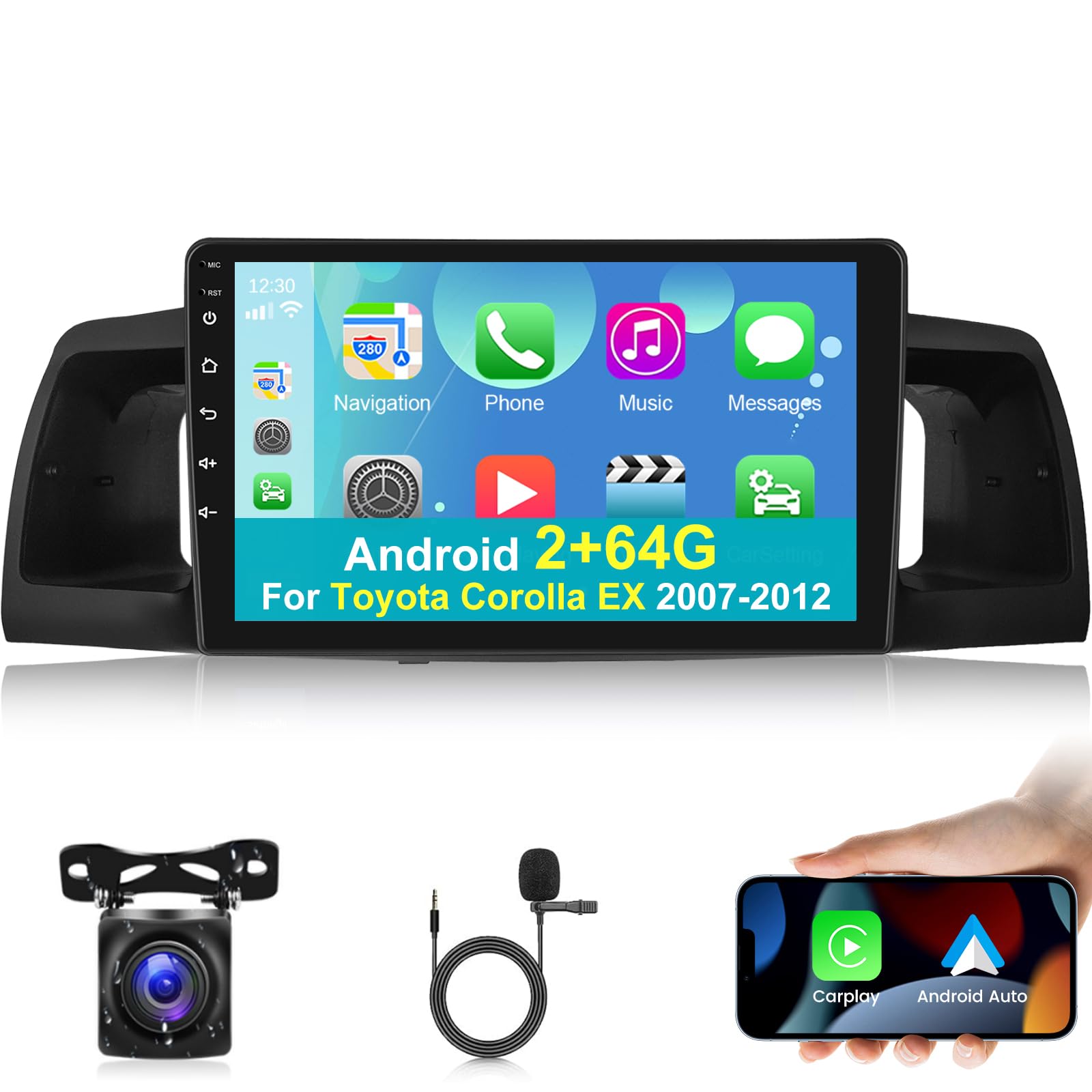 [2+64G] NHOPEEW for Toyota Corolla EX Car Radio 2007-2012 - Wireless Carplay and Android Auto - 9 Inch Touchscreen Android Car Stereo - WiFi/GPS/Multiple UI/SWC/Bluetooth + AHD Backup Camera
