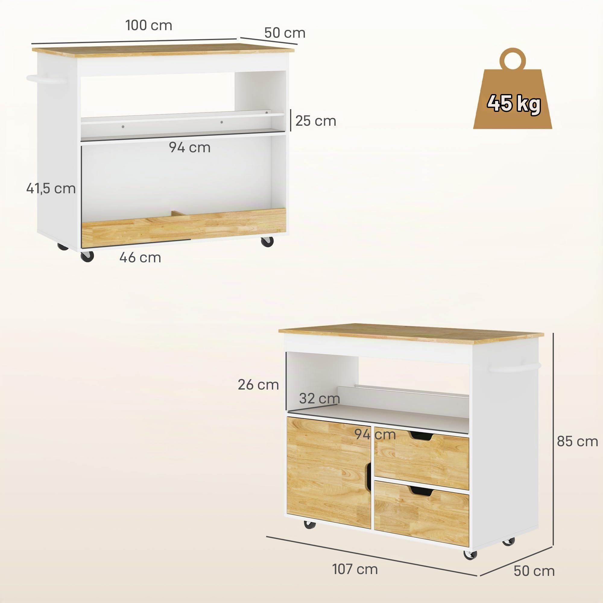HOMCOM Küchenwagen mit Arbeitsplatte Schubladen Griff 107x50x85cm Eiche
