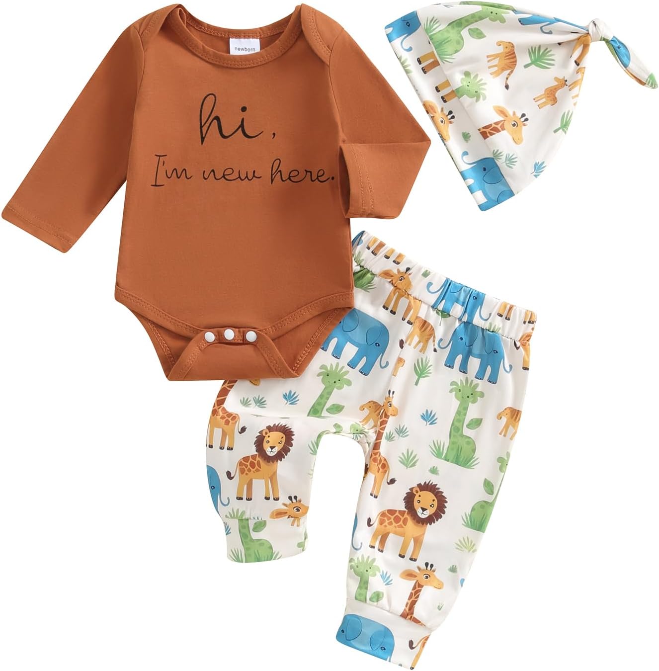 Newborn Baby Boy Girl Clothes Im New Here Romper Bodysuit Animal Pants Set with Hat Coming Home Hospital Outfits