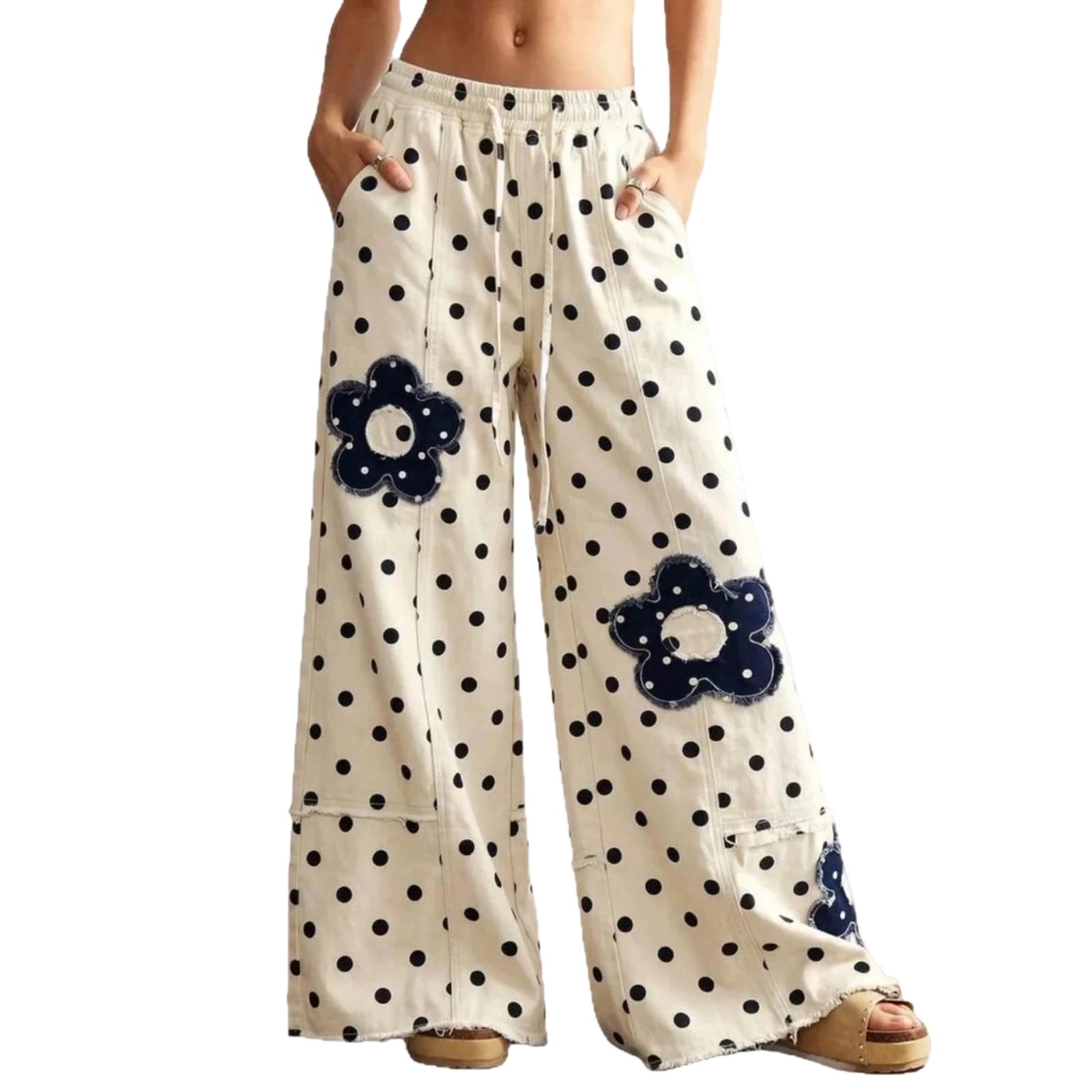 Pantalon large à pois pour femmes avec écusson floral