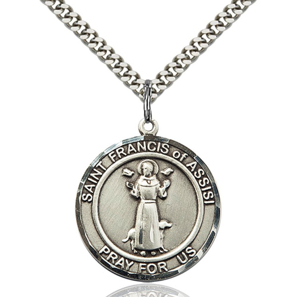 Bonyak Jewelry Saint Medal Collection Sterling Silver St. Francis of Assisi Pendant 1 x 5/8 inches with Heavy Curb Chain