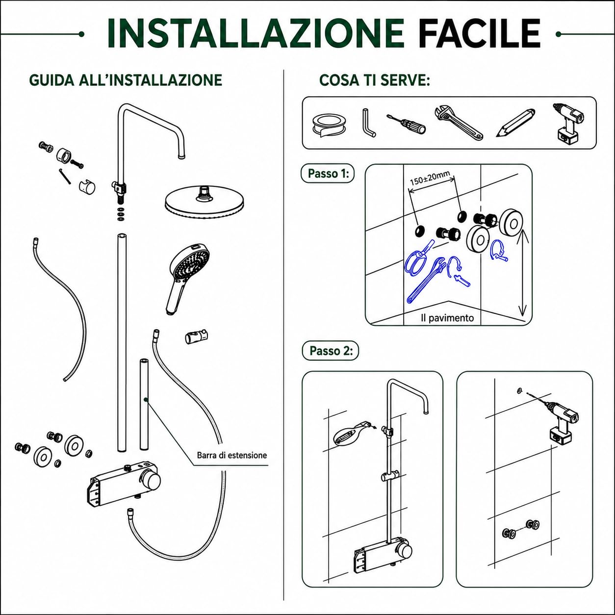 INEX EUROPA Colonna Doccia Nero Grigio Titanio Premium Acciaio Inossidabile 10 Anni di Garanzia - Colonna Doccia Rotonda Effetto Pioggia 3 Modalità di Funzionamento - Doccia 156cm Nero Grigio Titanio