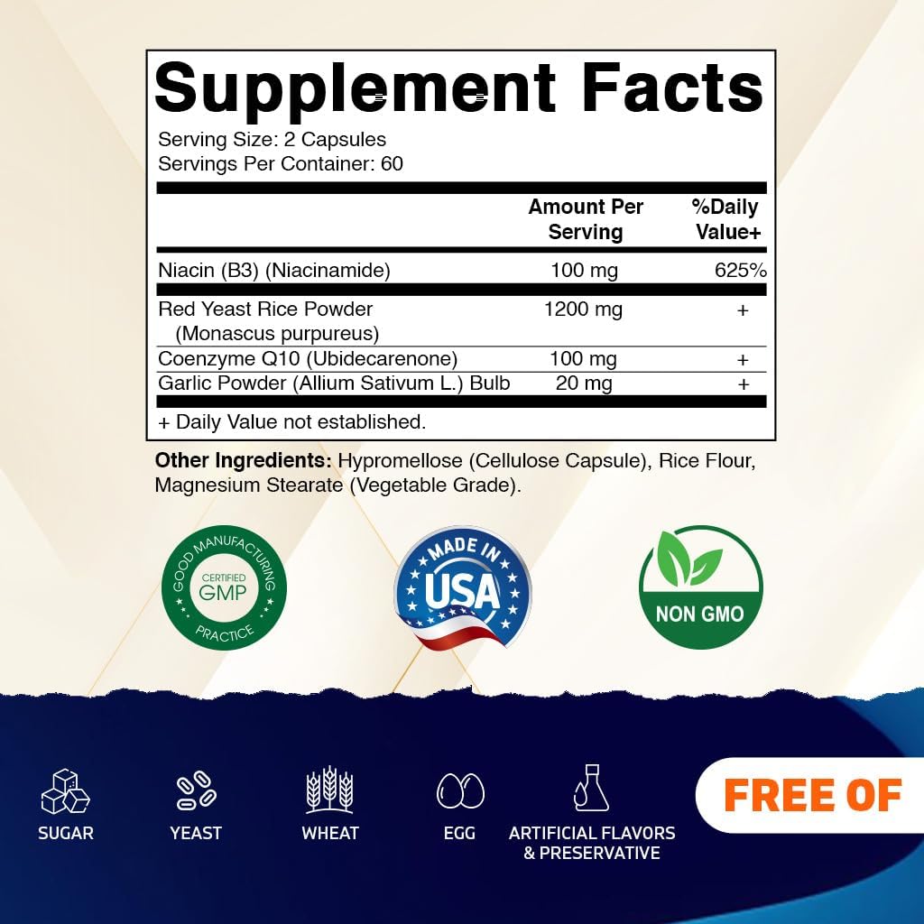 Vitamatic Citrinin-Free Red Yeast Rice 1200 mg. Capsules with CoQ10 100mg, Flush Free Niacin 100mg, & Garlic Powder 20mg - 120 Veg Capsules (Pack of 2)