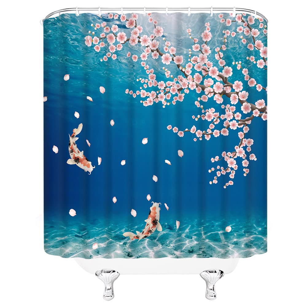 Amazon.com: 日本櫻花浴簾亞洲中國東方粉紅色水彩藍色花朵樹枝魚鯉魚春天傳統墨水繪畫浴室聚酯纖維布料掛鉤180 X 70 英吋: 居家與廚房