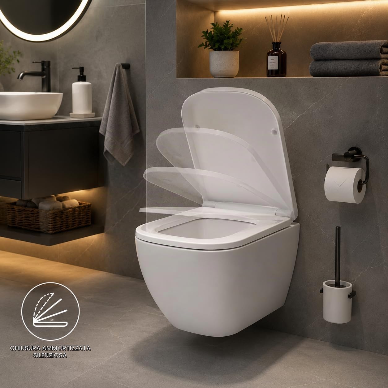 Mass Dynamic Sedile WC quadrato, con abbassamento automatico e sgancio rapido per una facile pulizia, sedile universale per WC di forma quadrata, fissaggio superiore, facile installazione (40 cm di