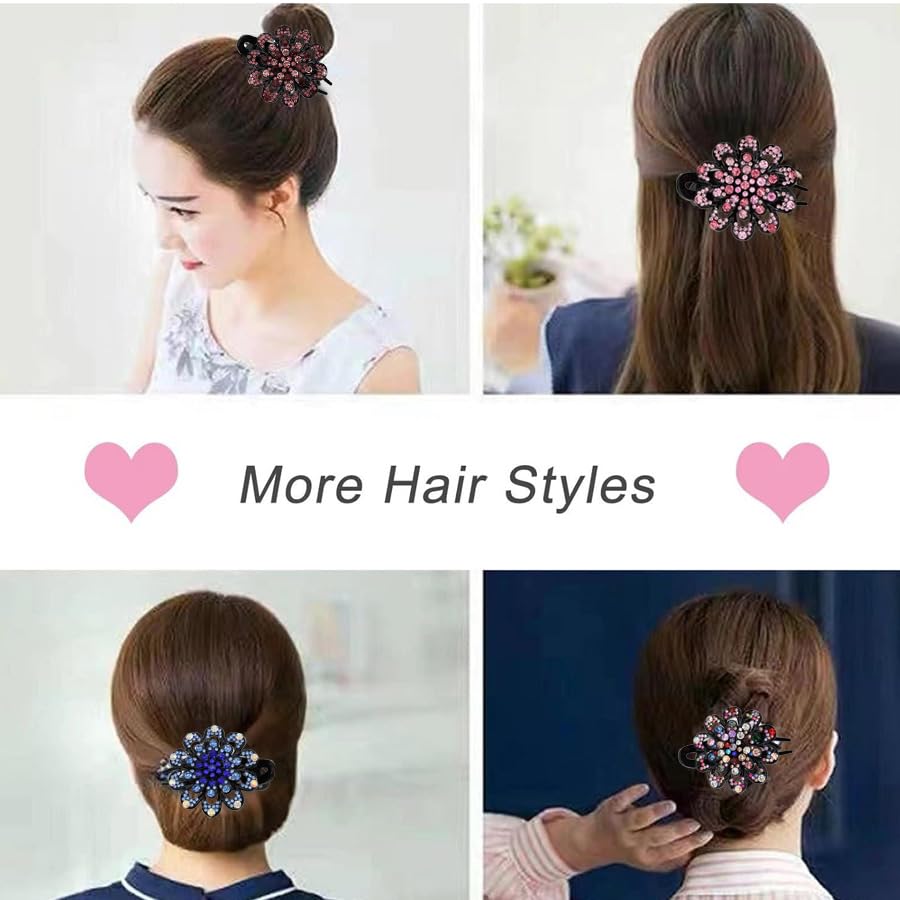 Shimmering Crystal & Rhinestone Flower Hair Clips - 3 PC Vintage Duckbill and Ponytail Clip Set, Elegant Barrettes Hair Accessories for Women