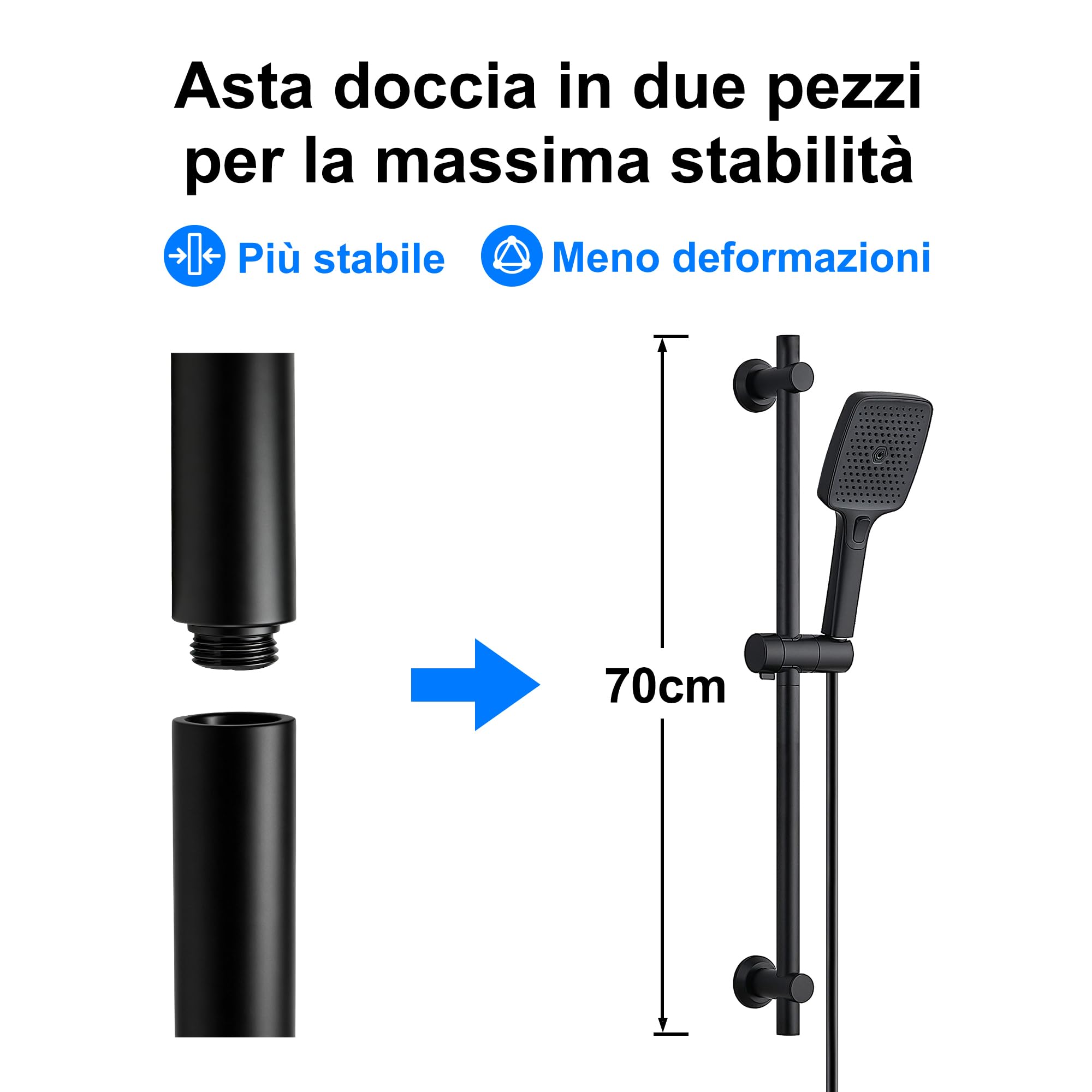 JOHO Colonna Doccia Senza Miscelatore, Asta Doccia Acciaio Inox 70 cm con Supporto Soffione Regolabile, Saliscendi Doccia Adattarsi ai Fori Esistenti con Doccetta 3 Geti e Mensola, Nero
