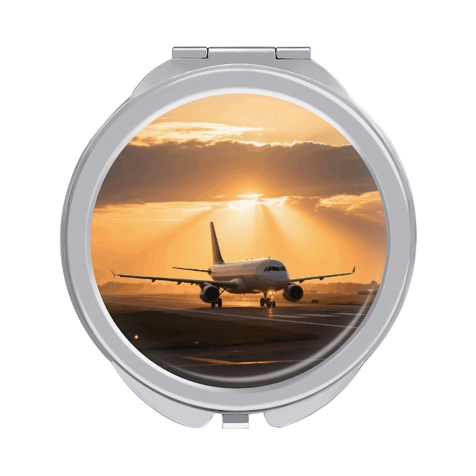 FodPand Compact Hand Mirror with 1x/2x Magnifying Round Travel Makeup Mirror Mini Foldable Airplane at Sunset Cosmetic Mirrors Travel Essentials Gift for Women Girl Portable for Pocket Purse -Silver