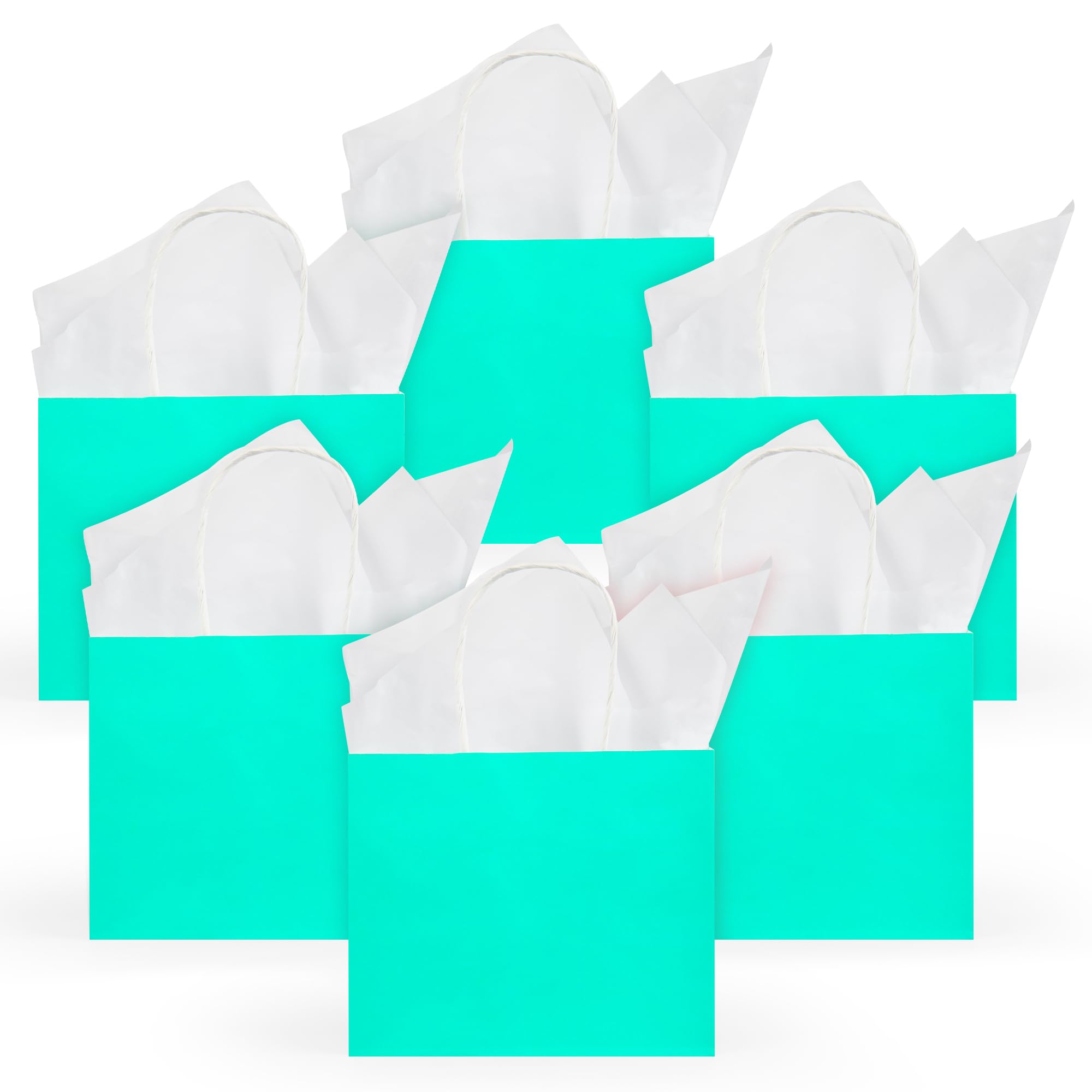 DjinnGlory 24 Pack Mini Tiny Teal Paper Gift Bags (Turquoise Aqua Blue) with White Tissue Paper for Summer Pool Party Supplies, Small Merchandises, 6x5x2.5 Inch