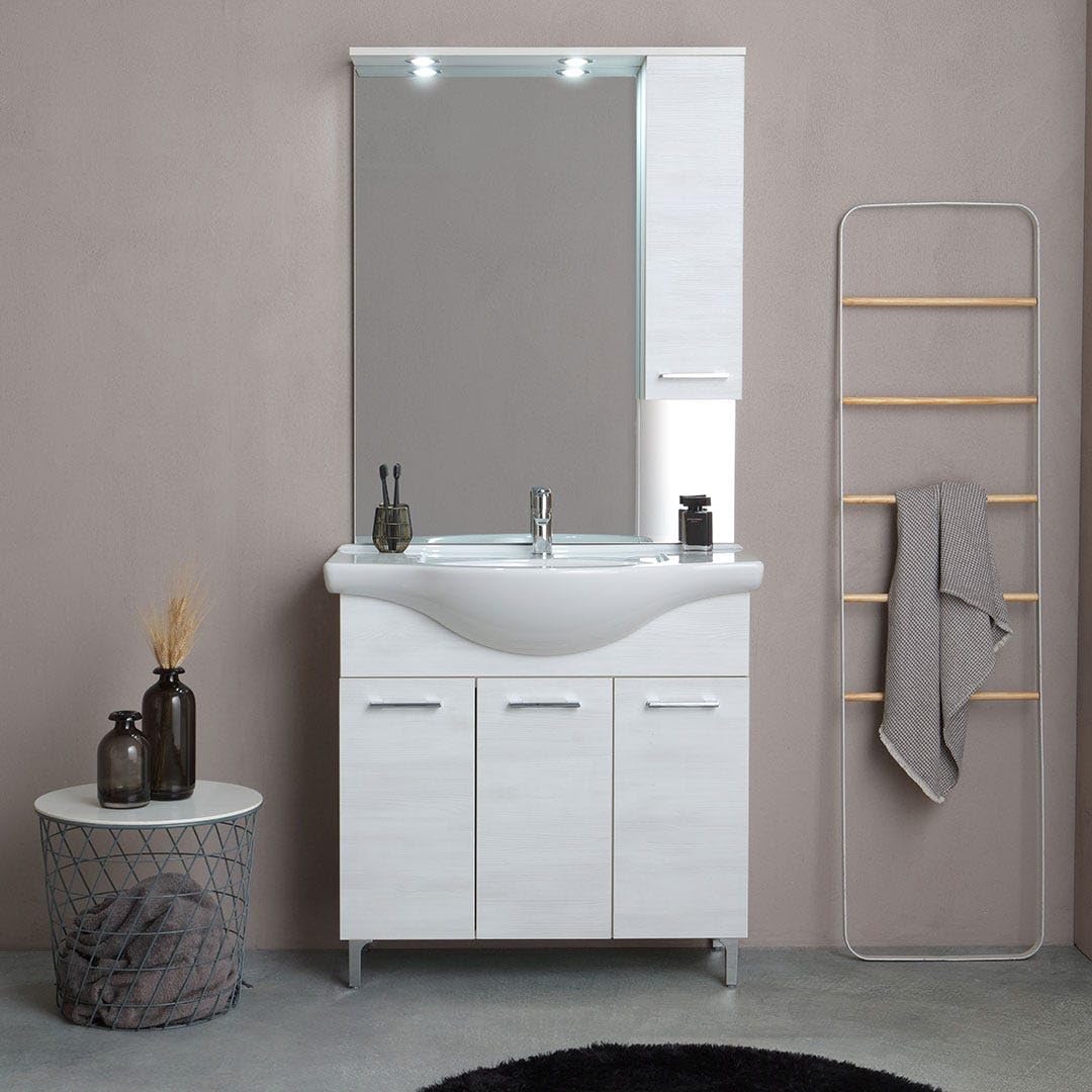 Kiamami Valentina Mueble de baño de pie 85 cm en Roble Blanco Efecto Madera