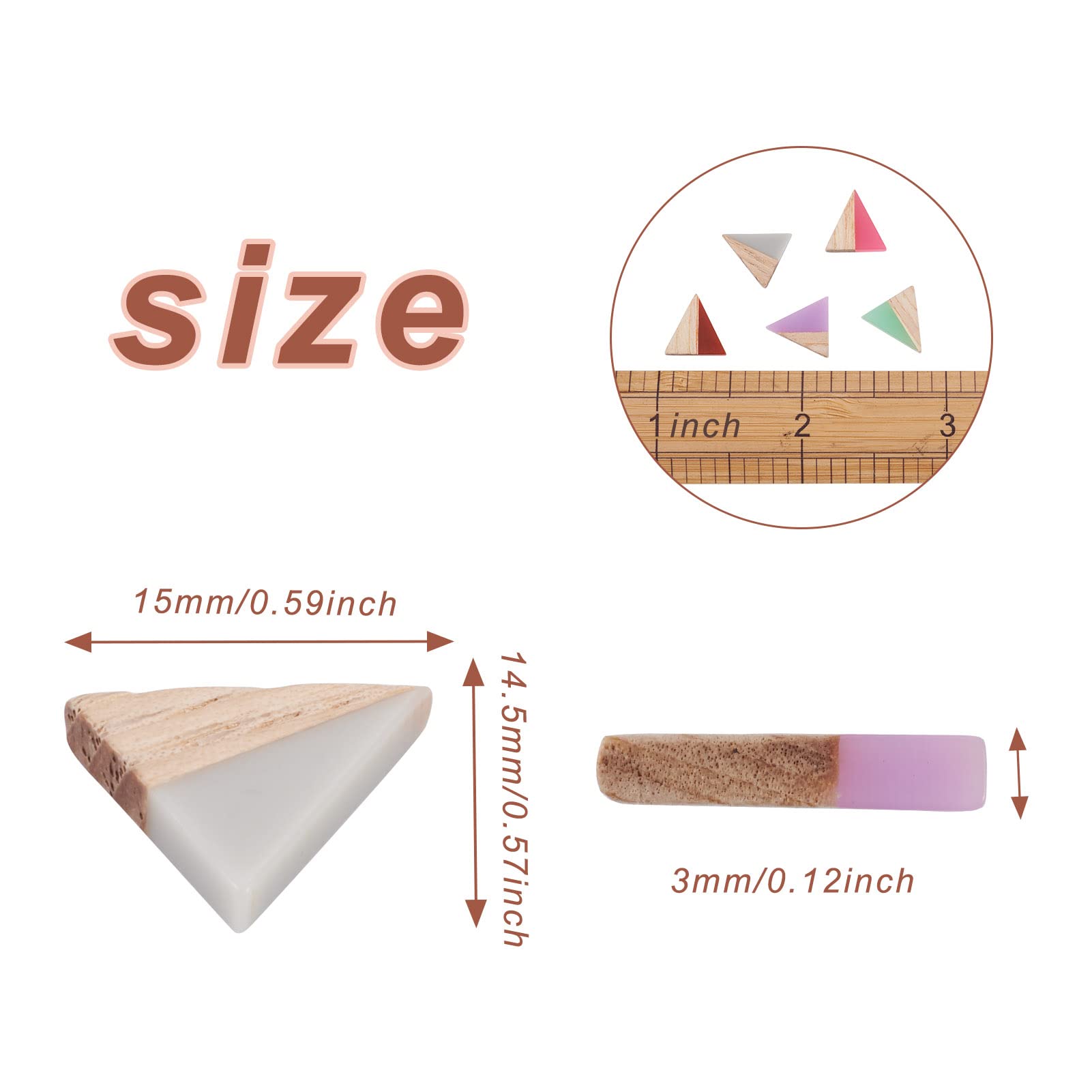 SUPERFINDINGS 20 Pezzi Cabochon In Legno E Resina, Forma Triangolare 15x14.5x3mm, 10 Colori Misti Per Creazione Gioielli Fai Da Te E Decorazioni