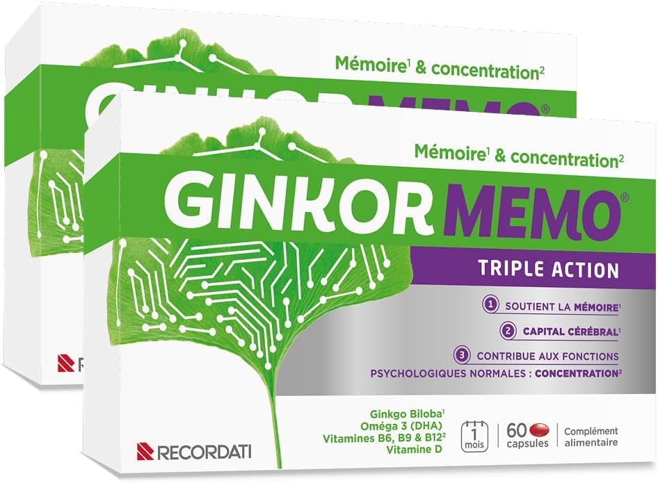 MEMO | Complément alimentaire mémoire | Aide à maintenir les fonctions cognitives | Ginkgo Biloba | Soutien de la mémoire avec l’âge | Lot de 2 x 60 capsules