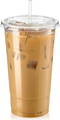 Fit Meal Prep Paquete de 100 tazas de plástico para café helado de 32 onzas con tapas planas, vasos transparentes desechables, sin BPA, taza de