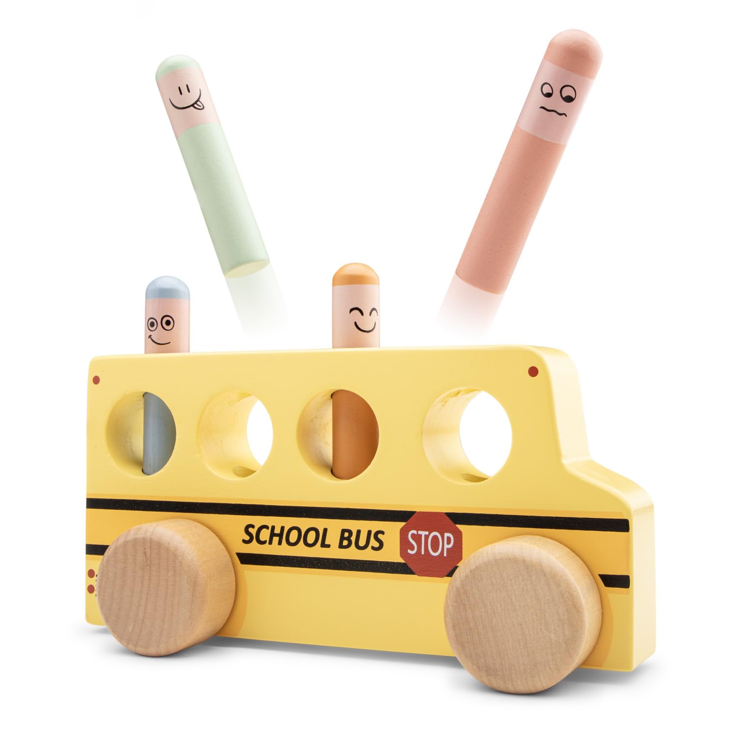 Woet Wooden Pop-Up School Bus – FSC Pretend Play Toy with Spring Figures for Toddlers 24 Months+ – Educational Push Vehicle – Gift for Boys and Girls, Motor Skills Toy