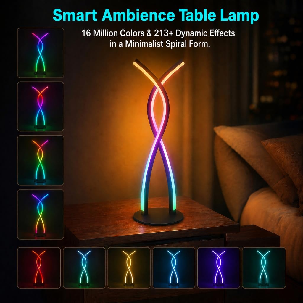 Lampada da tavolo moderna a LED a spirale, lampada da tavolo intelligente RGB con sincronizzazione musicale e controllo app, luce notturna che cambia colore fai da te, design unico USB 5 V, per