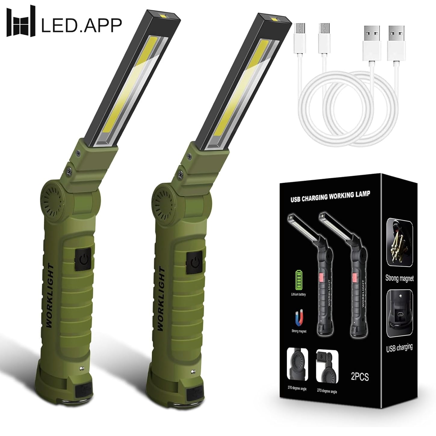 2Pack LED Work Light, USB Rechargeable COB Light with Magnetic