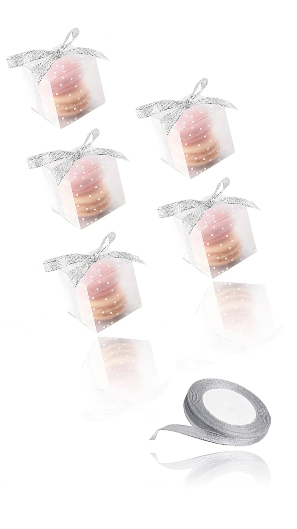 Sweet seven 50 Clear White Polka Dot Macaron Boxes for Wedding and Baby Shower Party Favors Cute Minigift Candy Boxes Fits 2 Macarons Includes 1 Roll Silver Ribbon