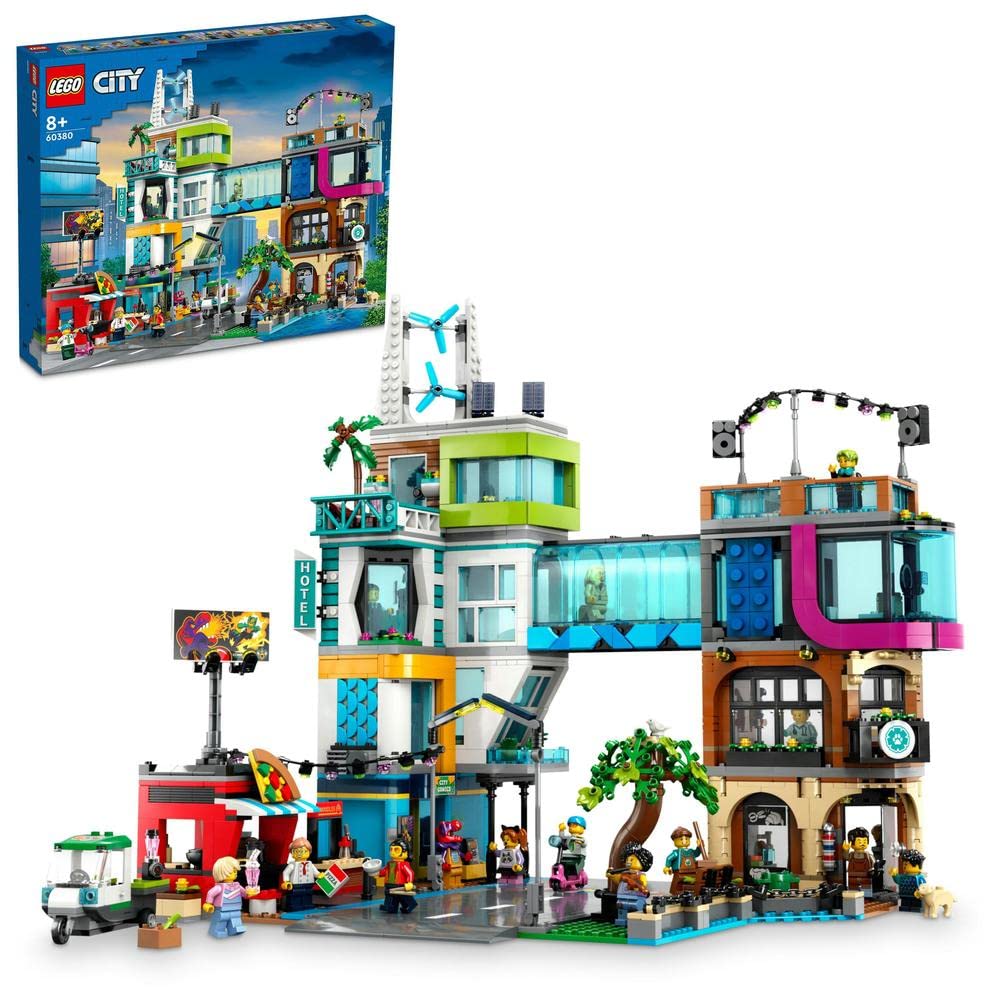 LEGO 60380 City City Centre Set, Model Building Kit with Reconfigurable Modular Rooms including Toy Shops, Barber, Vlogger Studio, Hotel and Rooftop Disco with 14 Minifigures