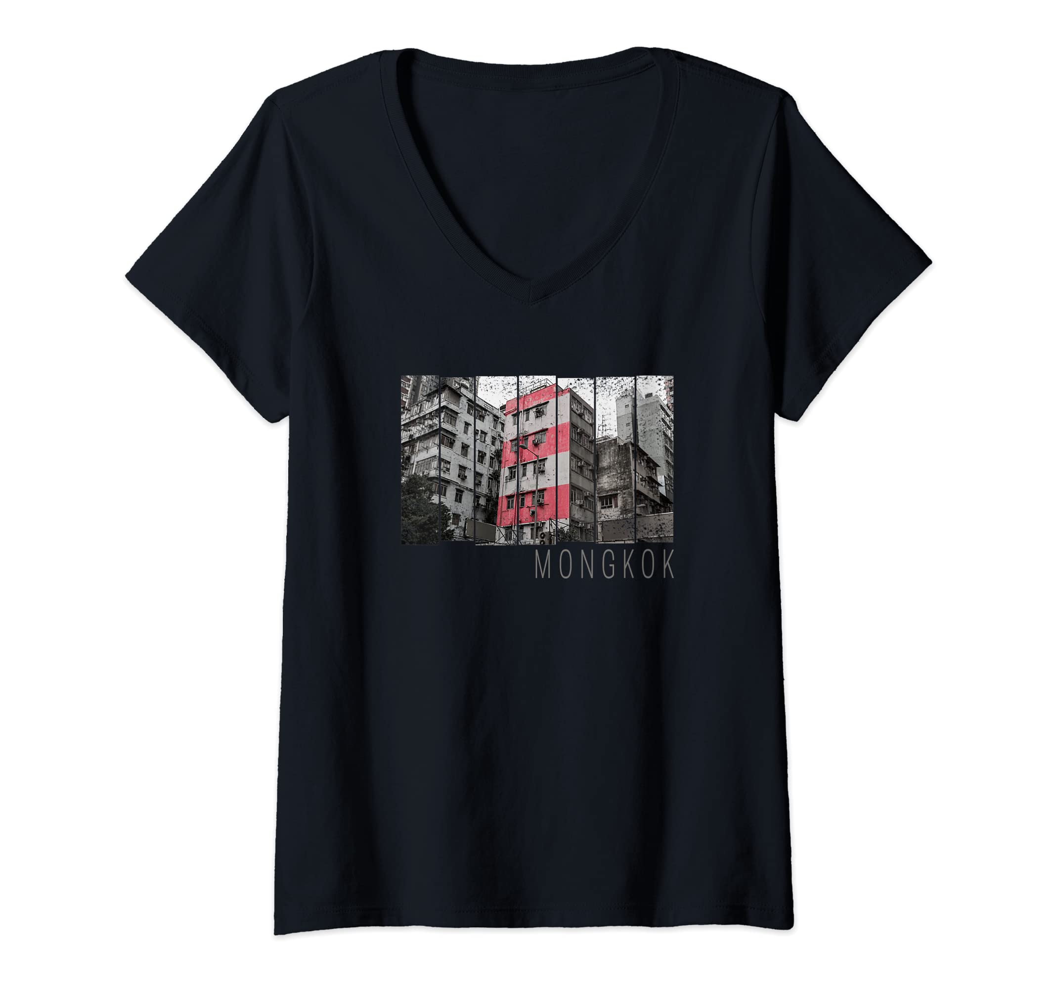 Womens Hong Kong Mongkok Retro Kowloon Vintage Fine Art Souvenir V-Neck T-Shirt