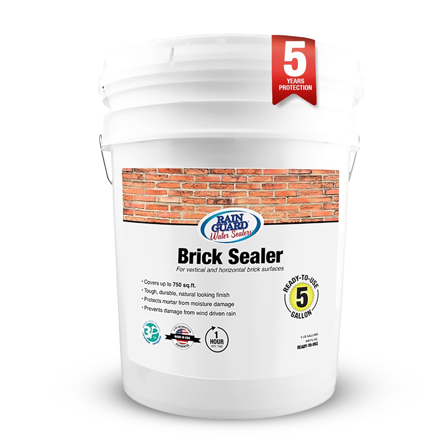 Rainguard Water Sealers Brick Sealer, Penetrating Protection Against Rain and Moisture Damage, for All Brick and Mortar Surfaces, Silane/Siloxane Waterproofer, Natural Finish, Ready to Use, 5 Gallons