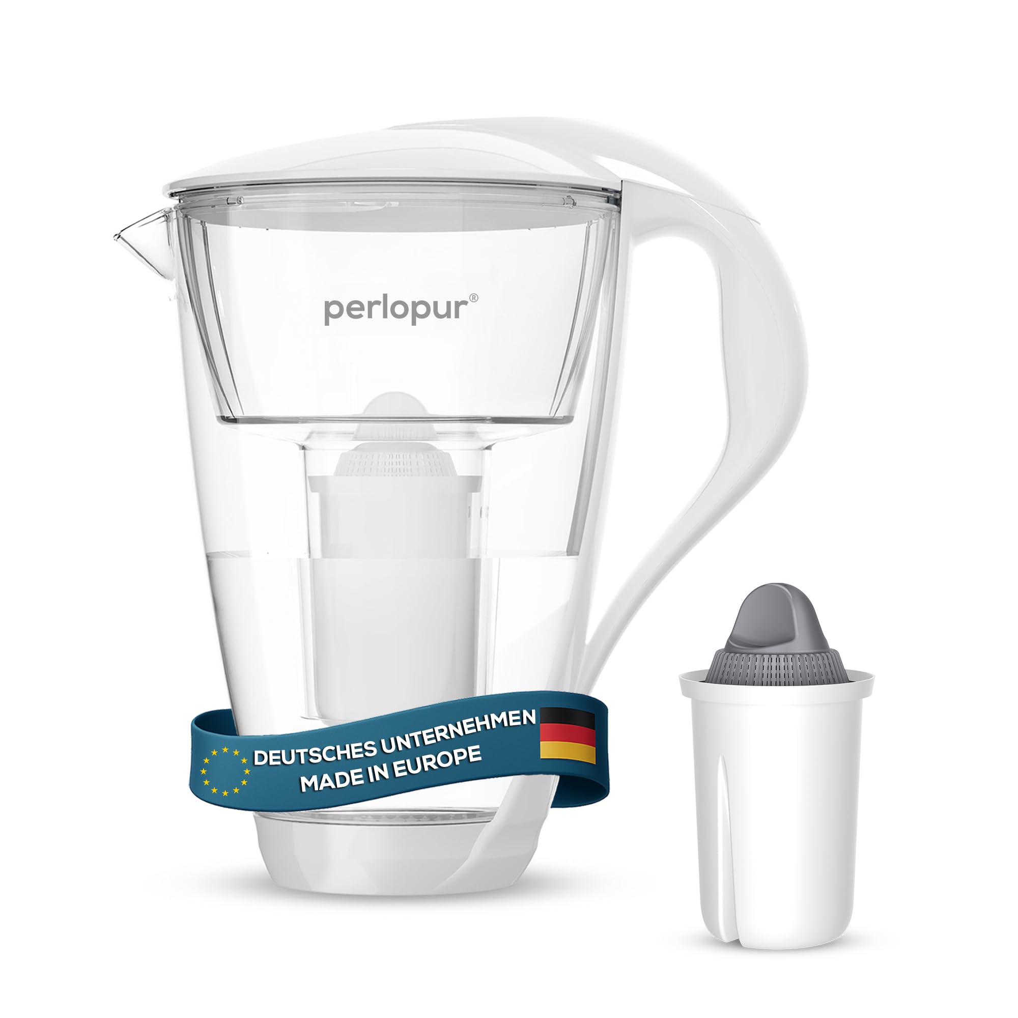 PearlCo - Carafe avec filtre à eau en verre - blanc - 1 cartouche Protect+ classic incluse (compatible avec Brita Classic)