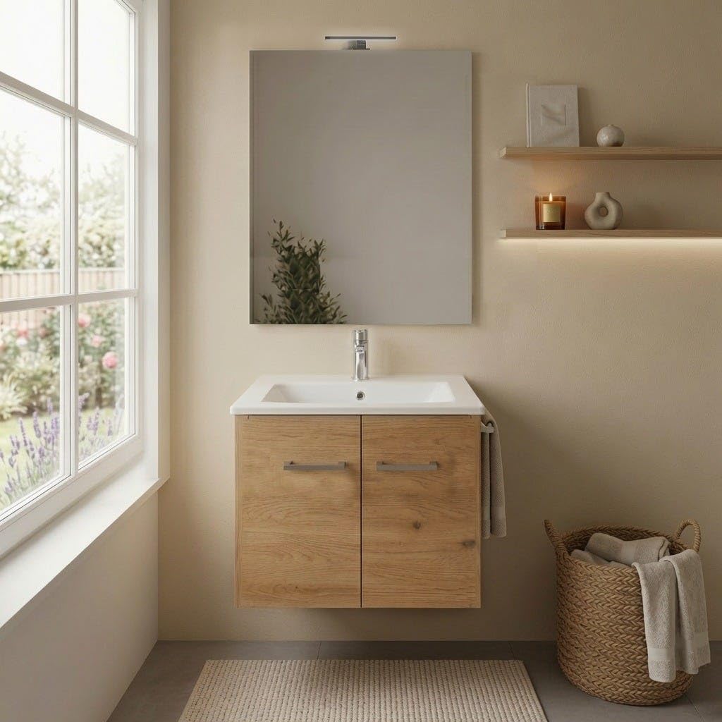 Kiamami Valentina - Mobile Bagno Sospeso Rovere Artisan 60 cm con Lavabo in Ceramica, Specchio 60x80 e Lampada, 2 Ante, Profondità 36 cm, Da assemblare.