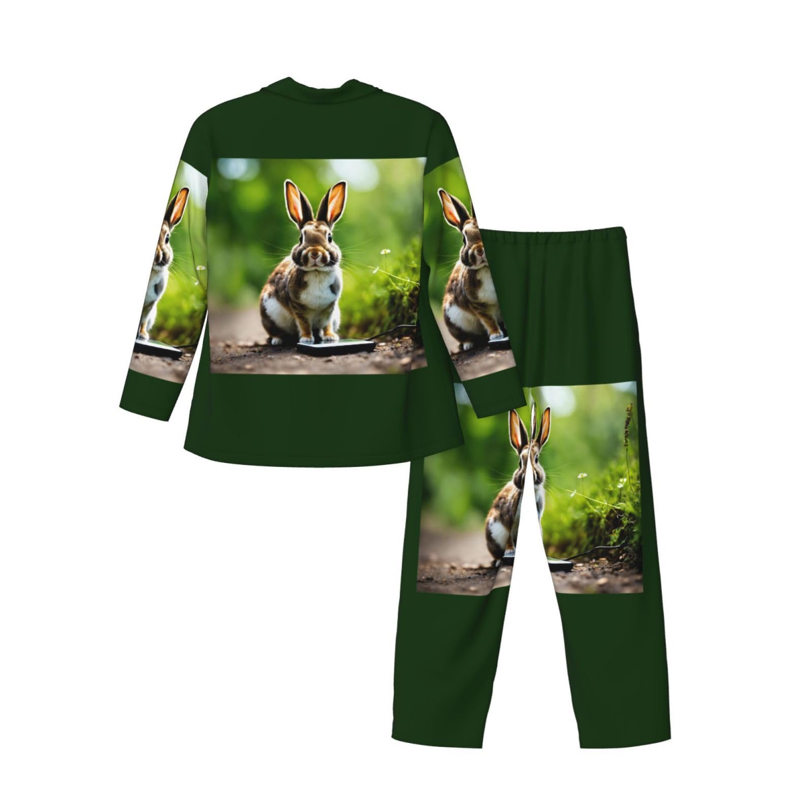 Herren-Pyjama-Set mit Hasen-Motiv, langärmelig, zweiteilig, Hauskleidung, bequeme Nachtwäsche