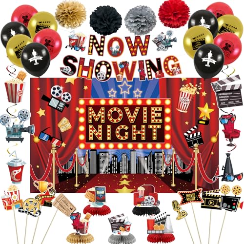 Crenics Movie Night Decorations - Backdrop, Now Showing Banner, Photo Booth...