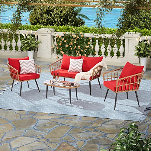 Expelz Rattan Patio Furniture Set,Outdoor Ottomans For Patio And Grand,Patio Dining And Conversation Sets, Wicker Outdoor Sectional,Sillas Para Patio Set (4, Red) #TOP1