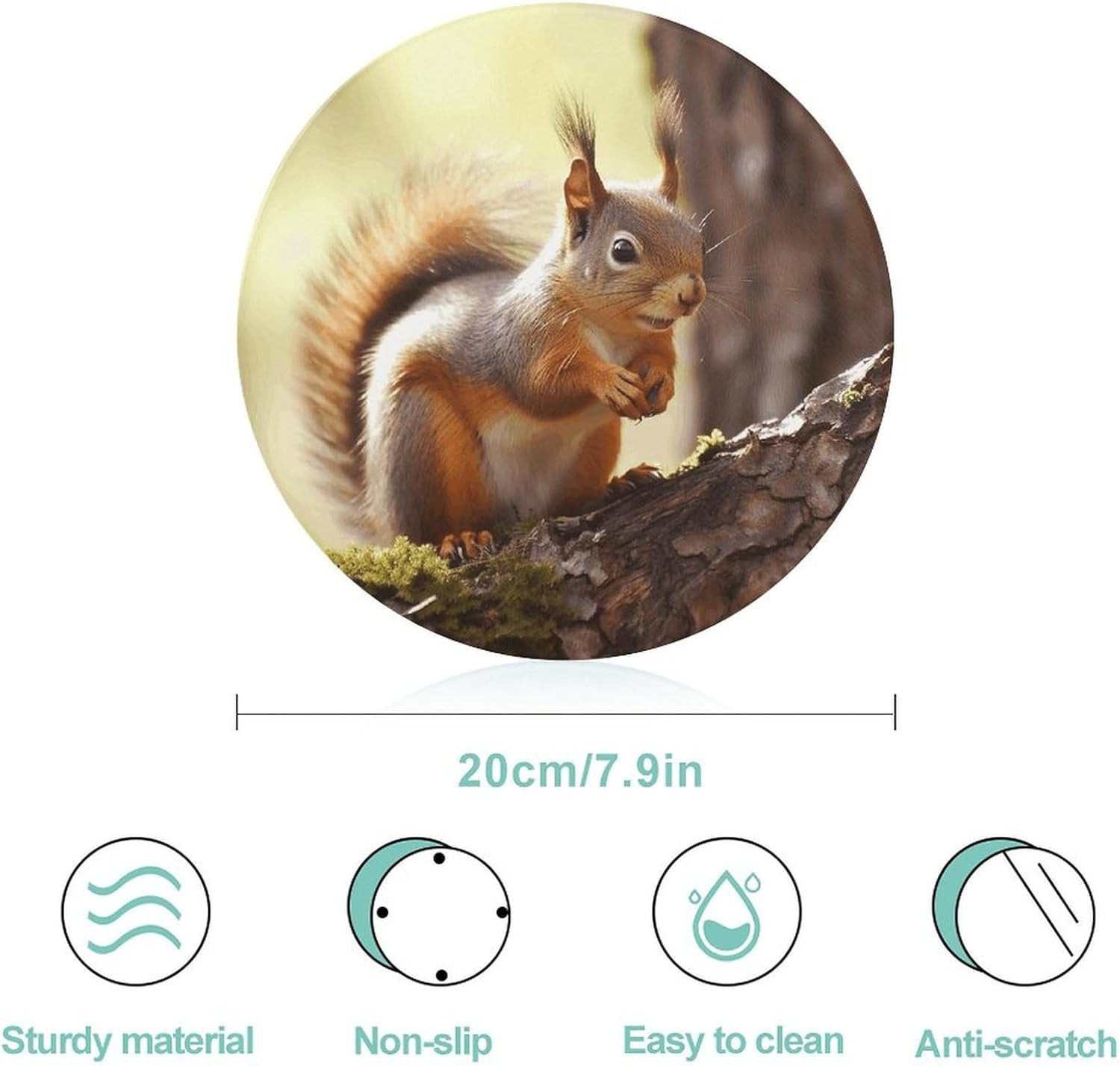 Funny Squirrel Cutting Board Portable Small Chopping Boards Tempered Glass Kitchen Counter Protector Non-Slip Round Charcuterie Boards Mat for Bar Cheese Board