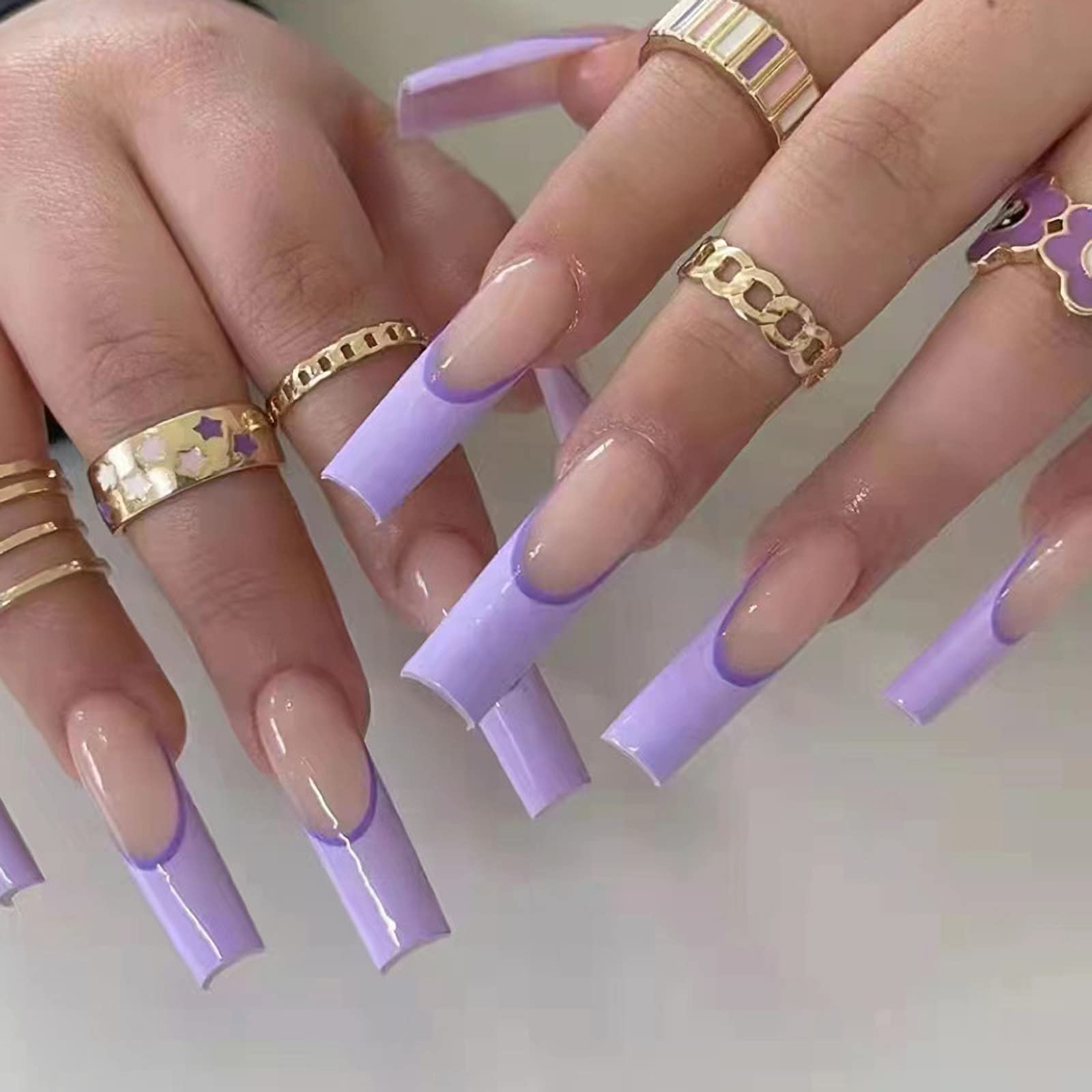Amazon.com: 24 Pcs Press on Nails Long Coffin Fake Nails Full Cover Stick  on Nails French Acrylic Ballet Purple False Nails Summer Nails for Women  and Girls : Beauty & Personal Care