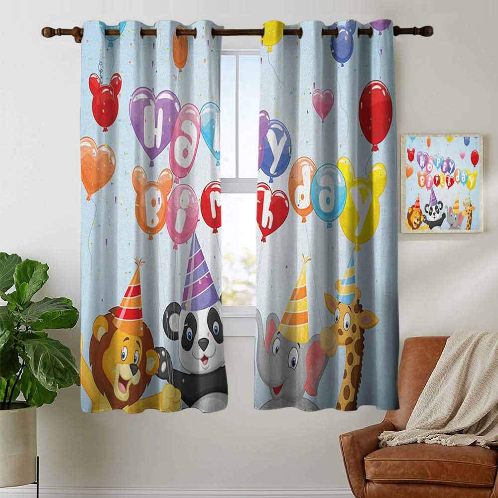 Curtains Kids Birthday,Cartoon Style Animals Panda Lion and Elephant with Balloons and Flags Print, Multicolor,Treatments Thermal Insulated Light Blocking Drapes Back for Bedroom 42"x72"