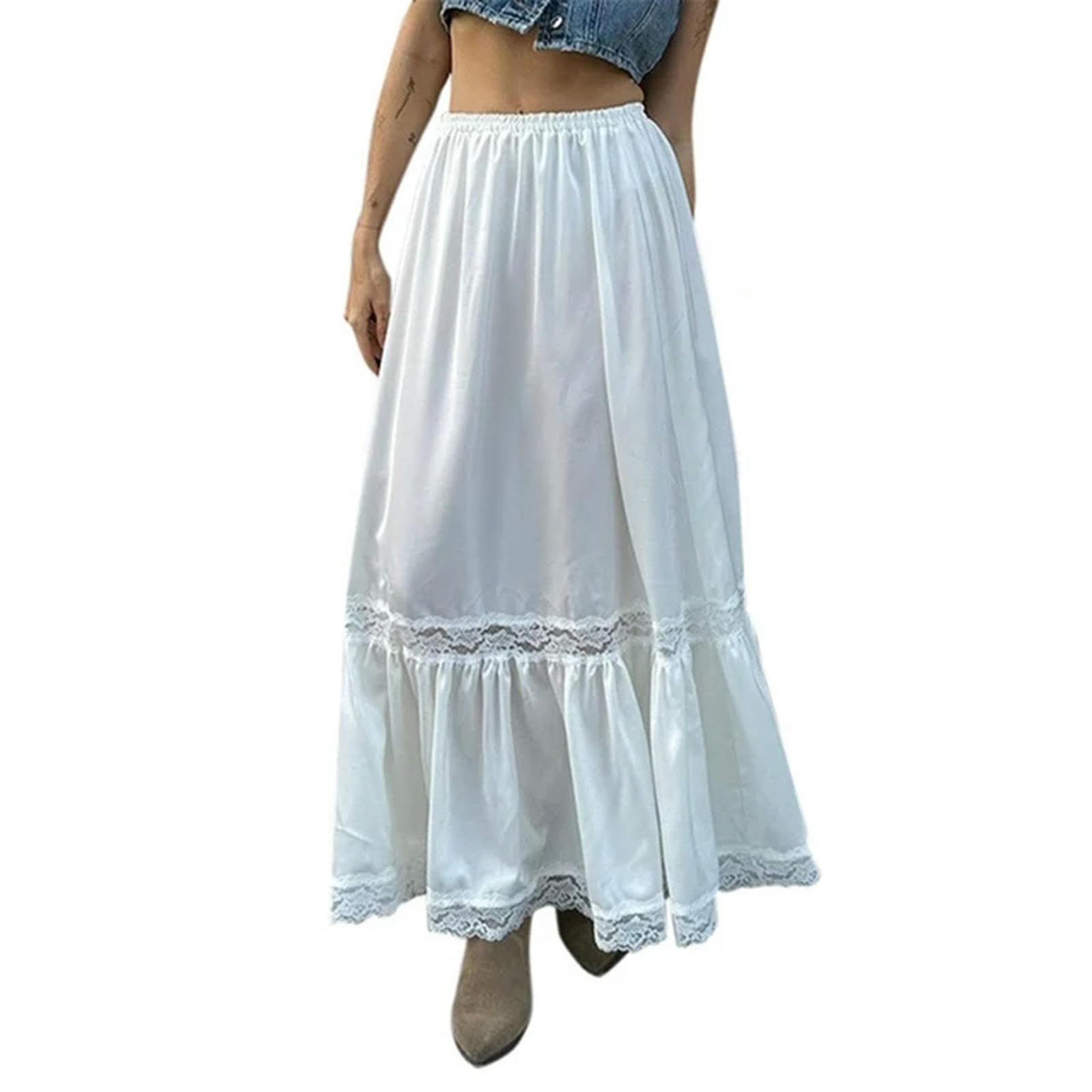 Generic Falda Larga Elegante elástica de Cintura Alta para Mujer Faldas fluidas drapeadas Sueltas Informales Adorno de Encaje con Volantes Plisado Línea A-Blanco-M