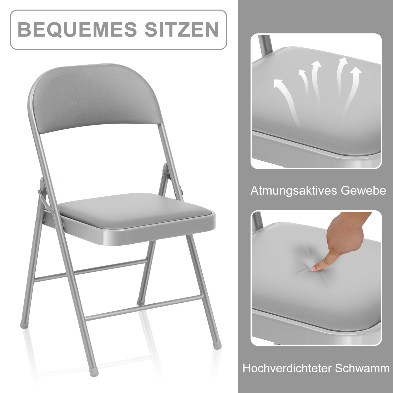 Set da 4 sedie pieghevoli da giardino, sedie da esterno interno, fino a 150 kg, impilabili, sedia pieghevole per ospiti, cucina, yoga, sala da pranzo, grigio