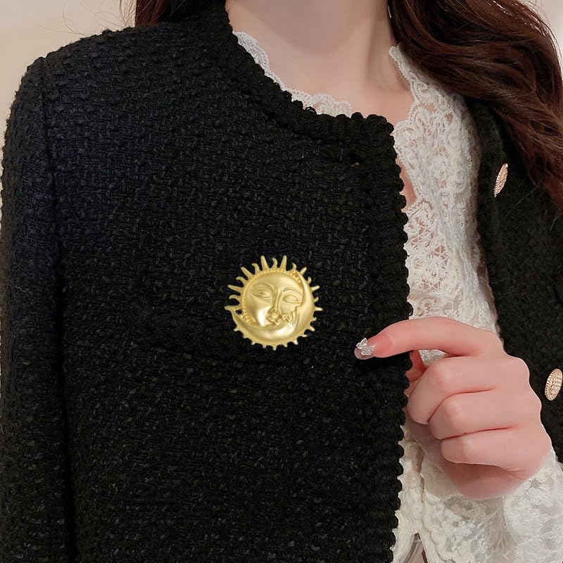 Image of Gold-Tone Moon Sun Brooch Pin Vintage Face Lapel Pin Dainty Crescent Moon with Flaming Sun Safty Pin Baroque Brooch Fairy Planet Badges for Hat Bag Pants Accessory Decoration Gift for Women Men